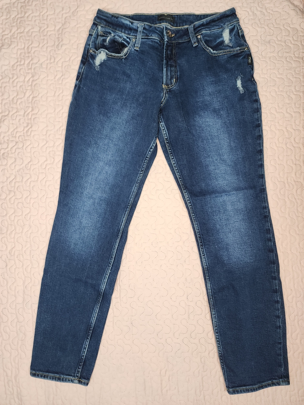 Silver Jeans Medium Blue Boyfriend Cut Jeans with Fading and Light Distress